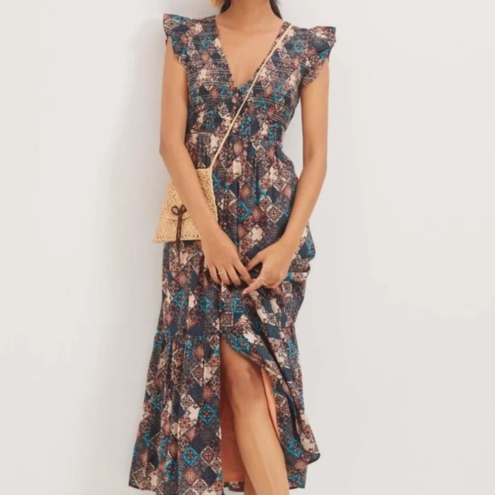 anthropologie the peregrine patchwork print smocked button down midi dress
